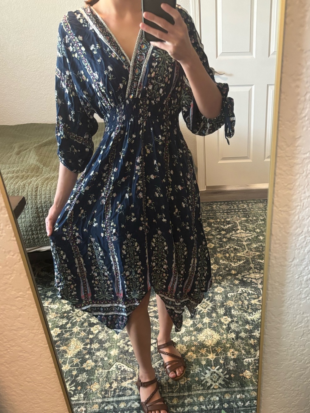 Umgee Navy Floral V-Neck Tie-Sleeve Midi Dress